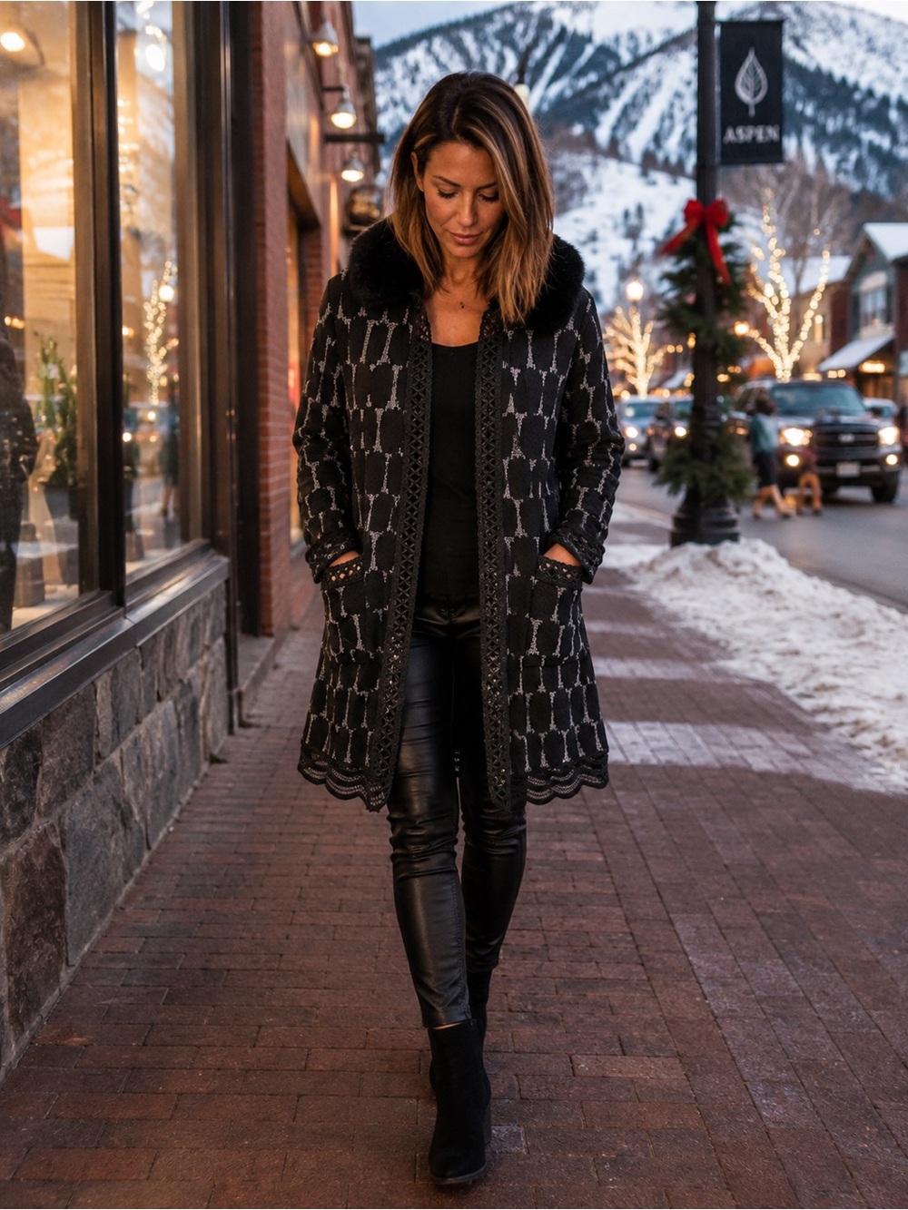 Black Patterned Faux-Fur Collar Coat - Women’s Sweater